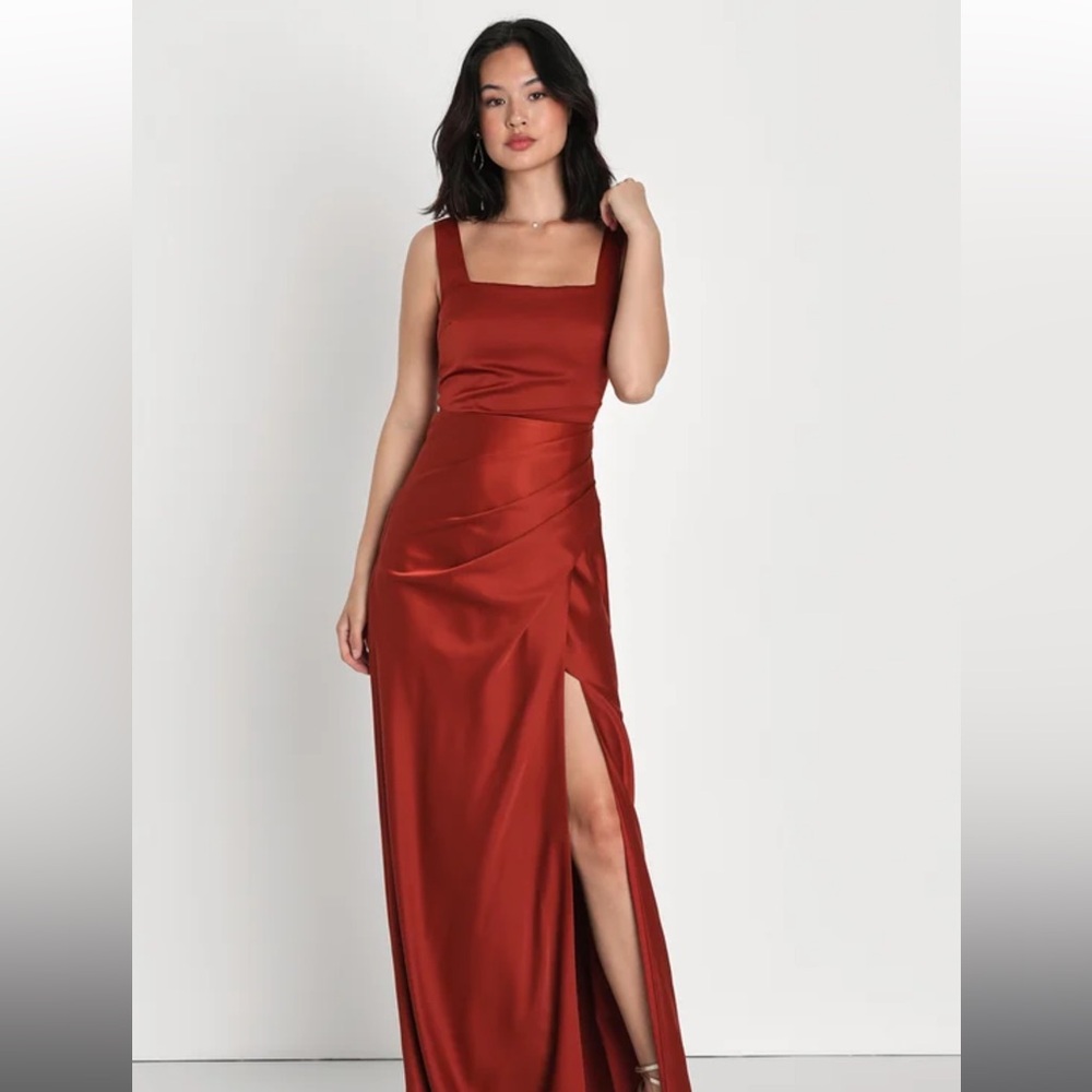 Lulu's Red Carpet Romance Rust Orange Satin Square Neck Maxi Dress